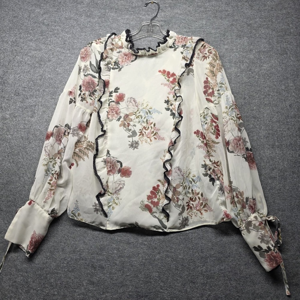 ZARA Woman Premium Denim Floral Sheer Ruffle Blouse Long Sleeve M